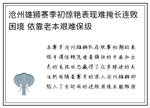 沧州雄狮赛季初惊艳表现难掩长连败困境 依靠老本艰难保级